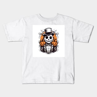 scary men in suit and pumpkins on shoulder Kids T-Shirt